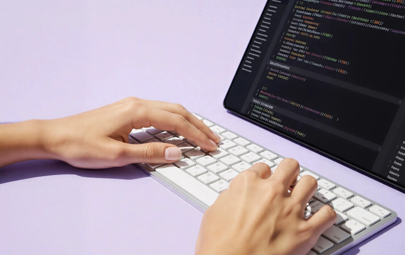 Hands typing on a keyboard beside a screen, on a lilac desk