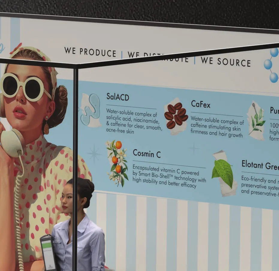 Stand graphics explaining a product range, designed to be read from the aisle