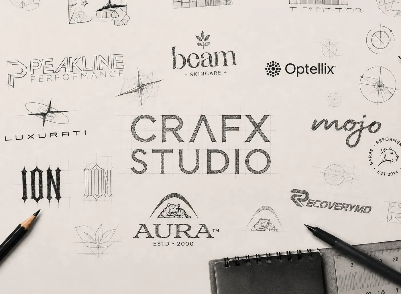 Sheet of logo marks drawn by the studio for client brands