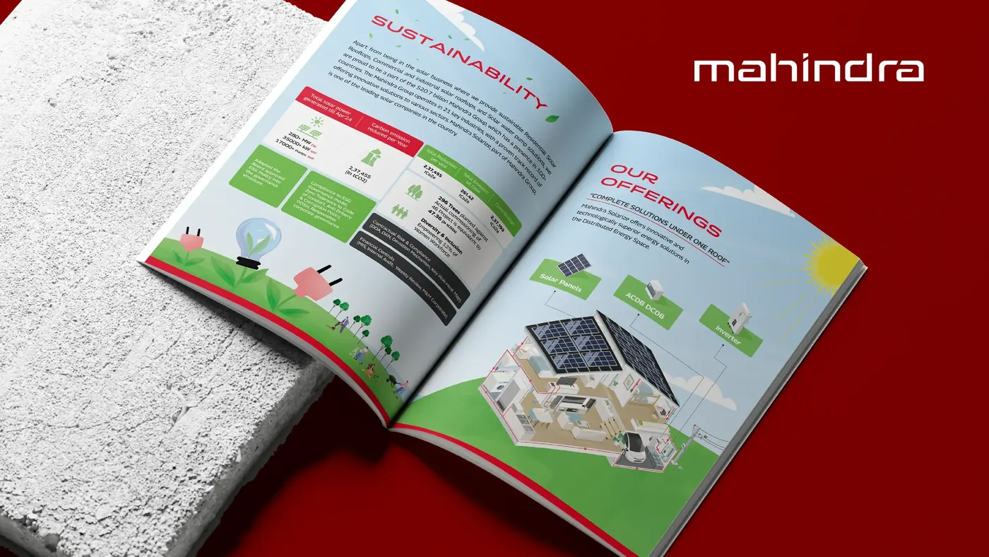 Printed brochure spread designed for Mahindra