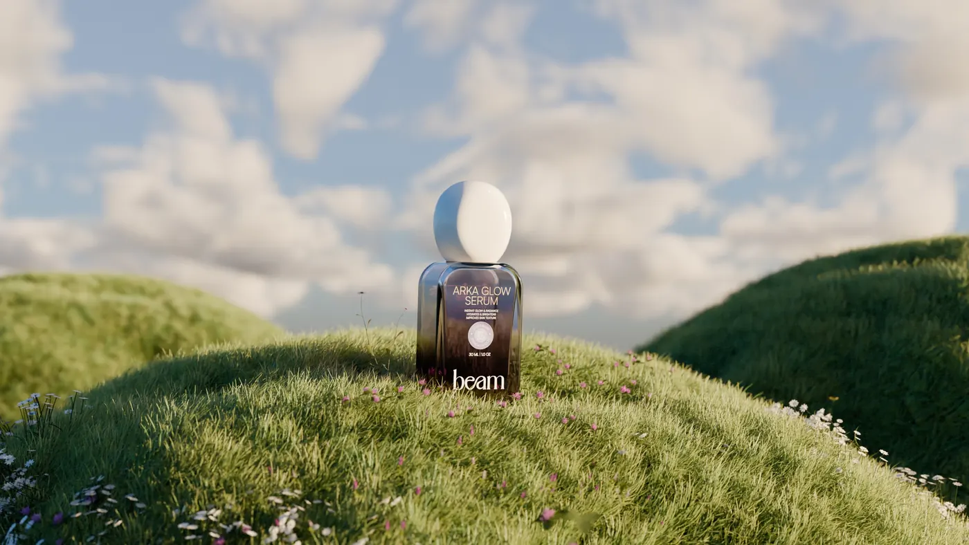 Beam product bottle rendered on a grass landscape