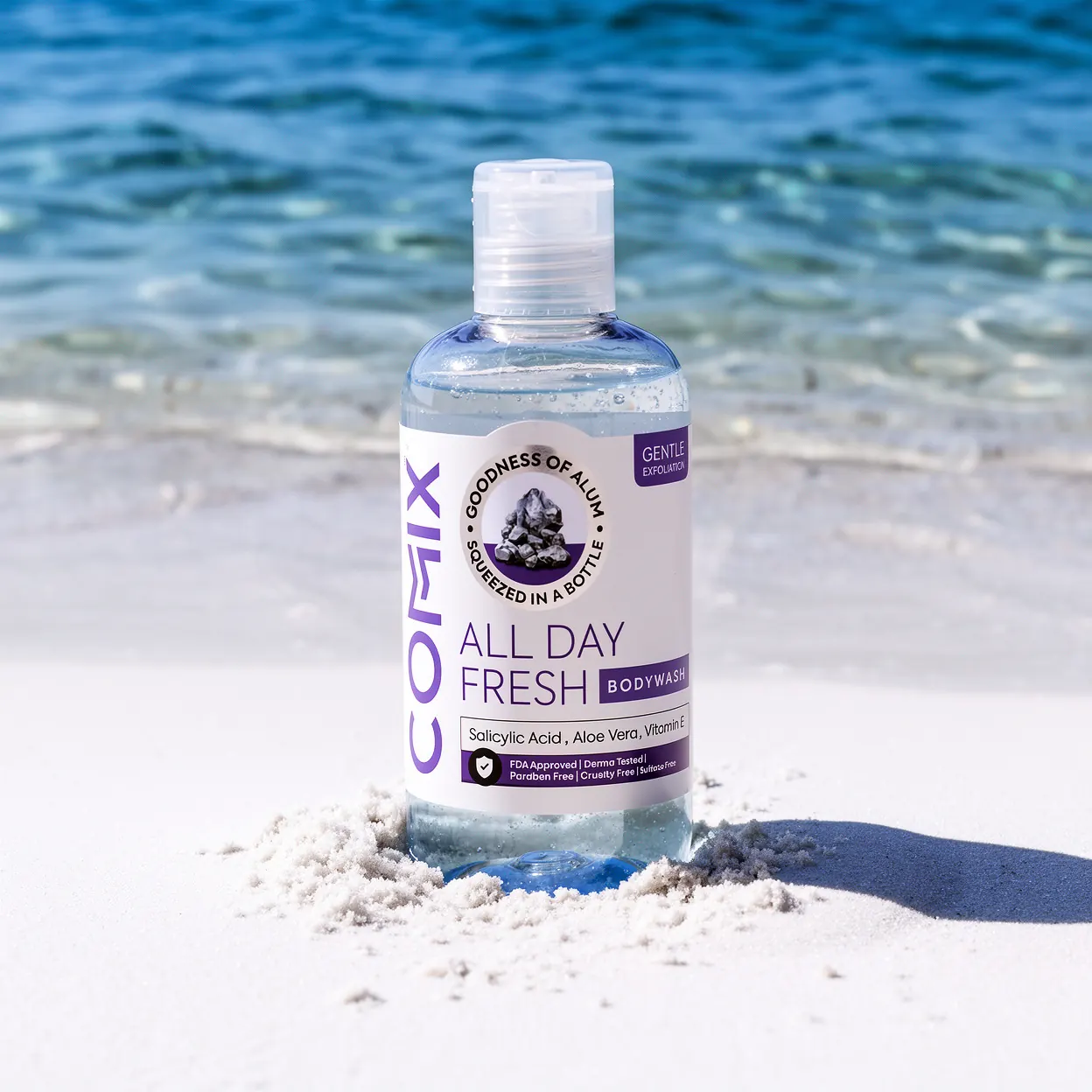 Commix product bottle rendered on a beach setting