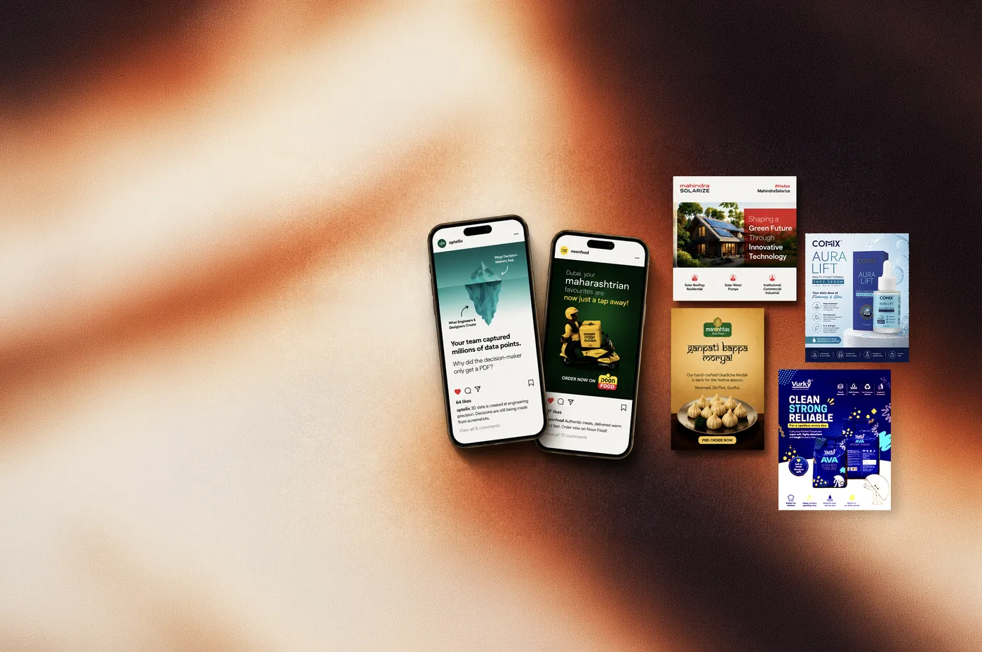 Social posts and campaign creative shown across phone screens and printed sheets