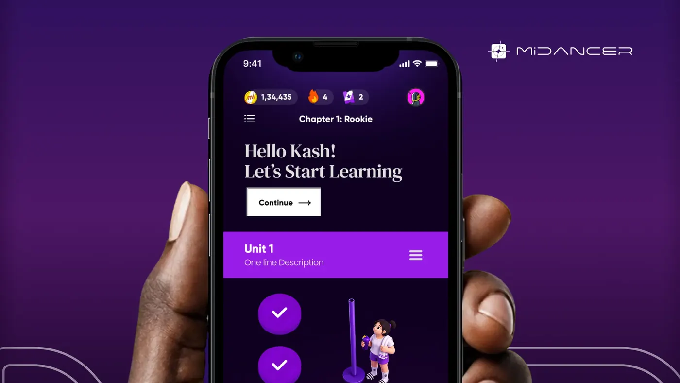 Midancer learning app interface shown on a phone