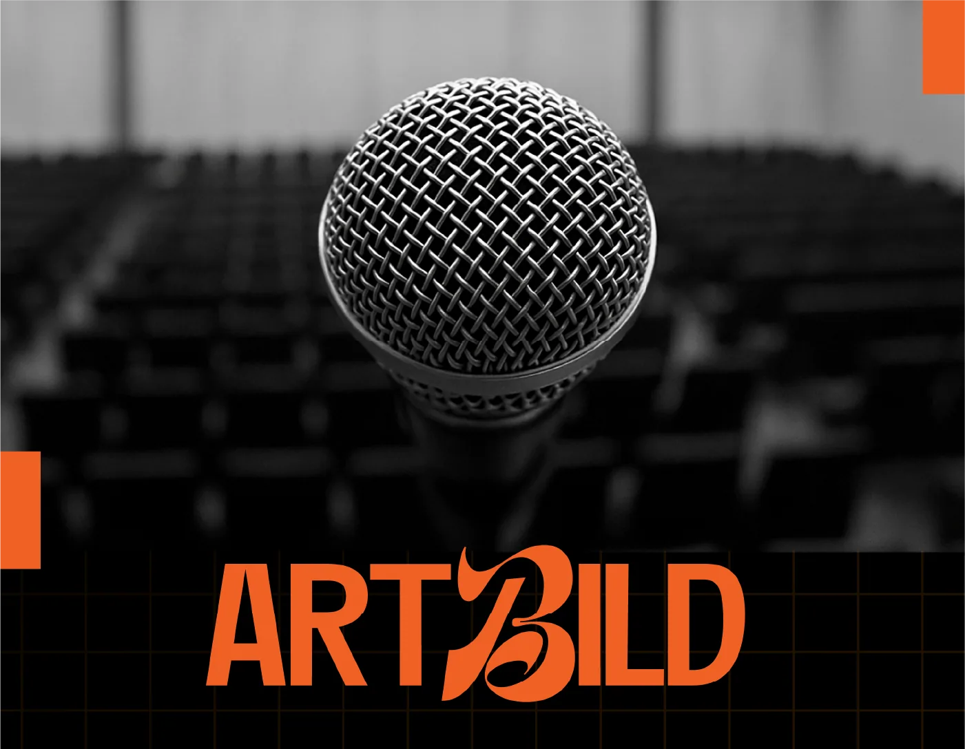ArtBild wordmark in orange over a monochrome auditorium and microphone