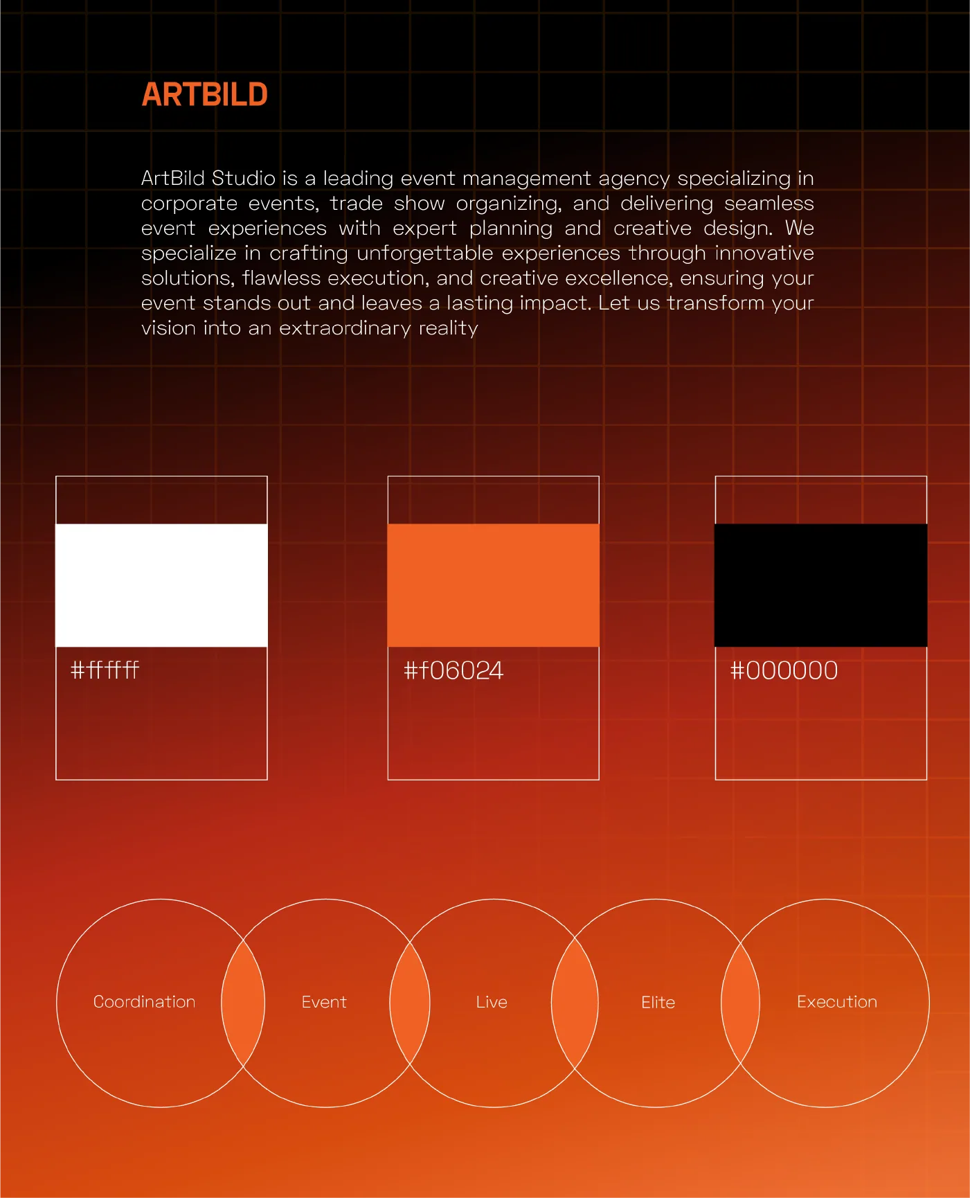 Brand guideline page showing the white, orange and black colour palette