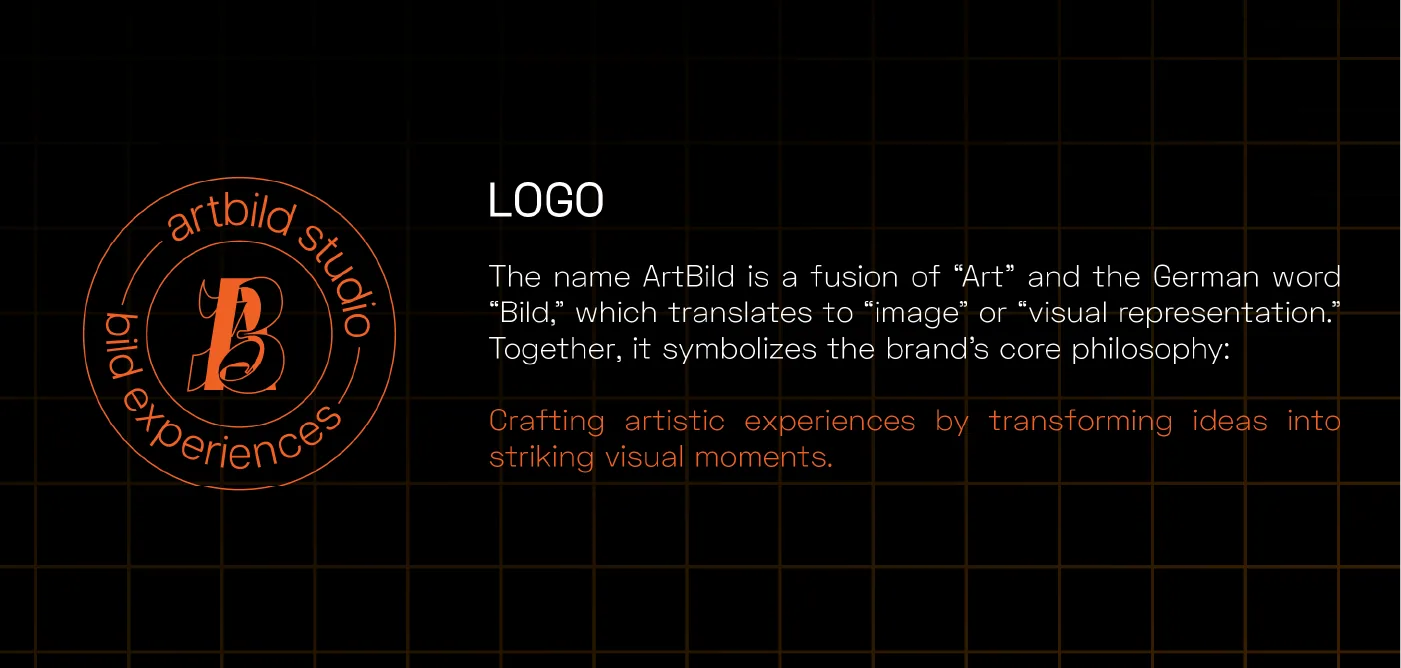 Logo rationale slide with the circular Artbild badge on a black grid