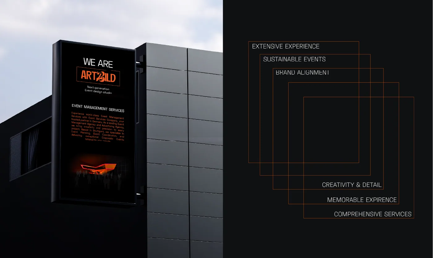 Digital billboard on a dark building facade beside the brand attributes