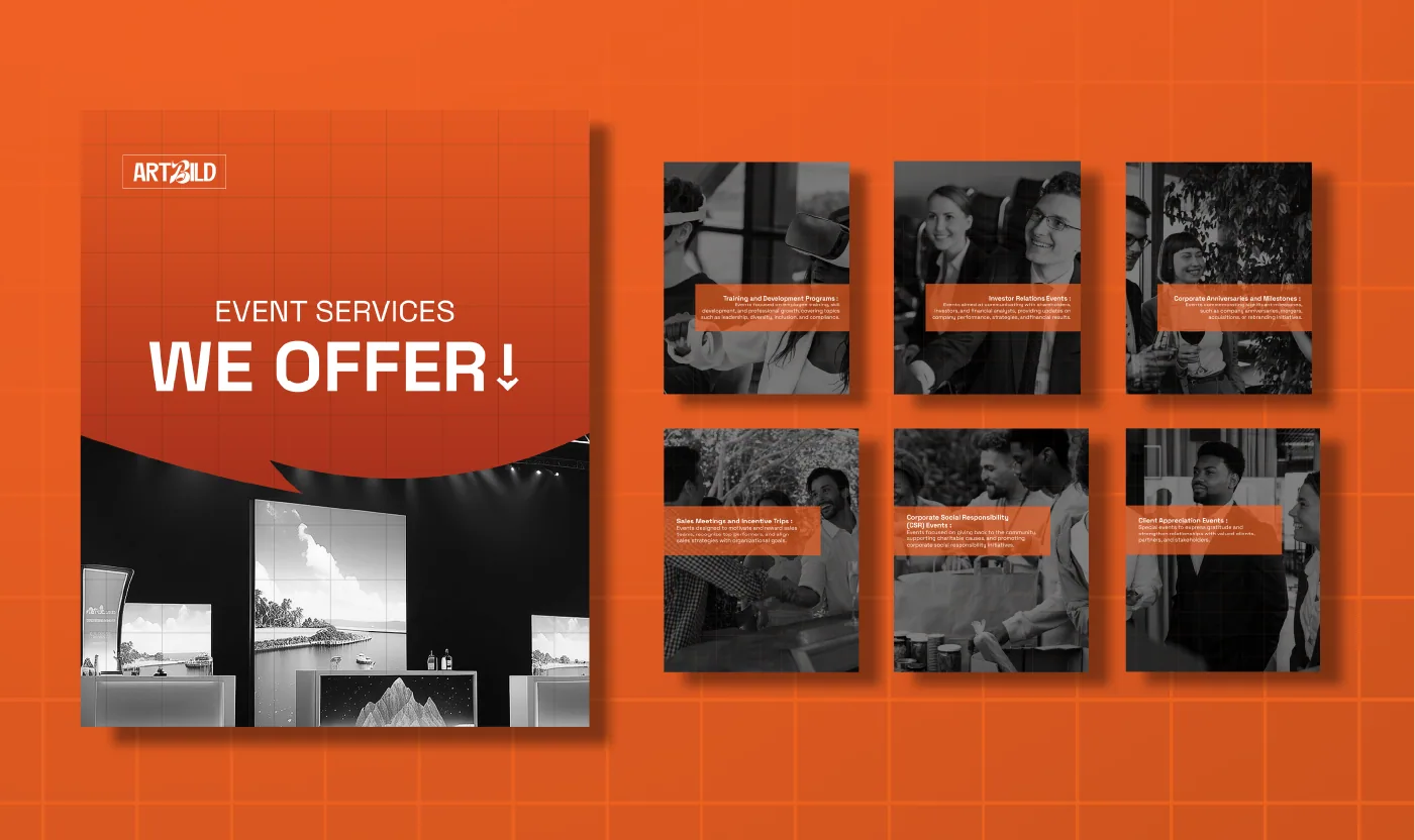 Orange services spread with a brochure cover and a grid of event photographs