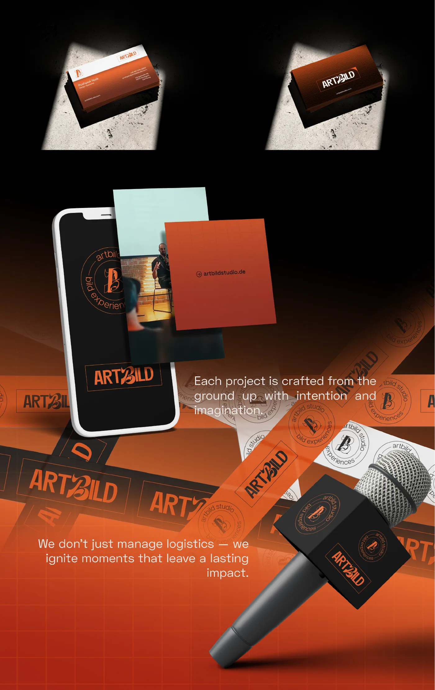 Vertical collage of phone, cards, lanyards and a branded microphone