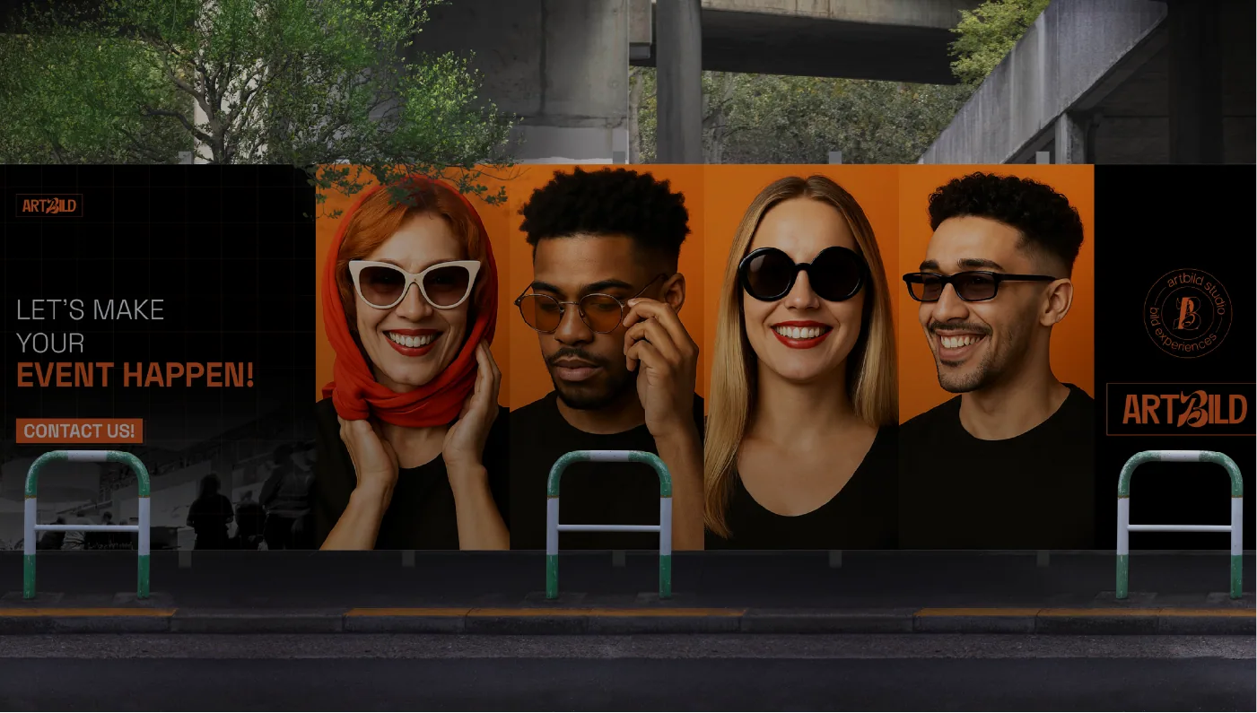 Street billboard of four people in sunglasses on an orange background