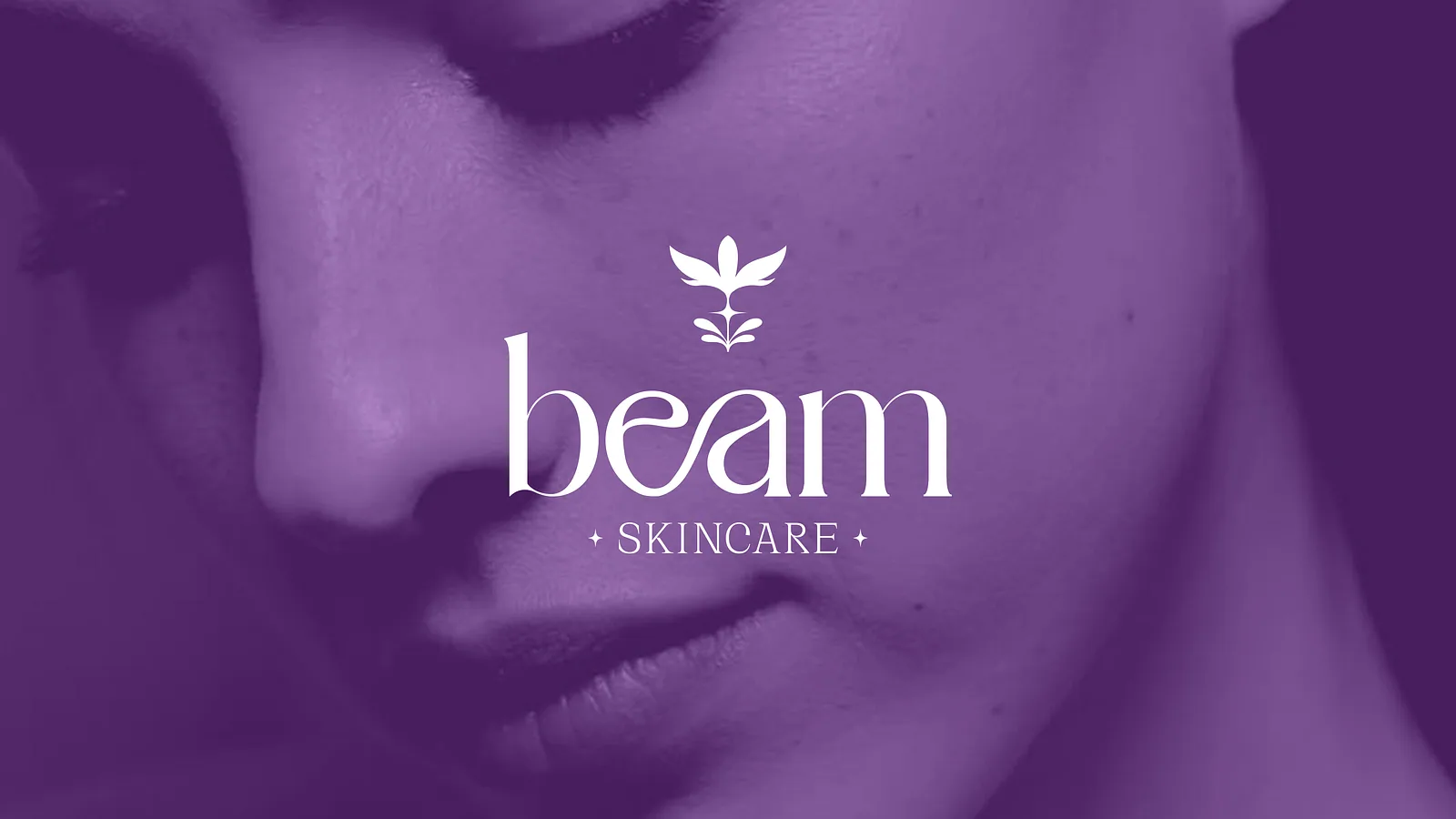 Beam wordmark and leaf symbol over a purple-toned portrait