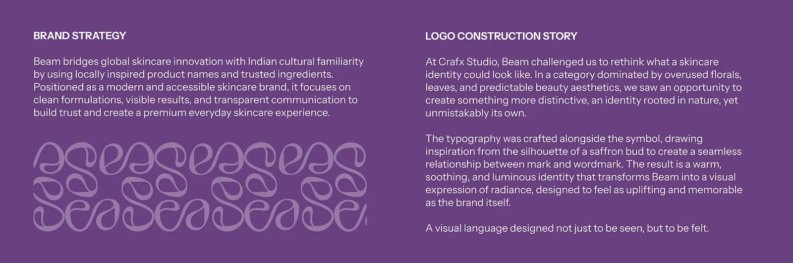 Purple spread covering brand strategy and the logo construction story