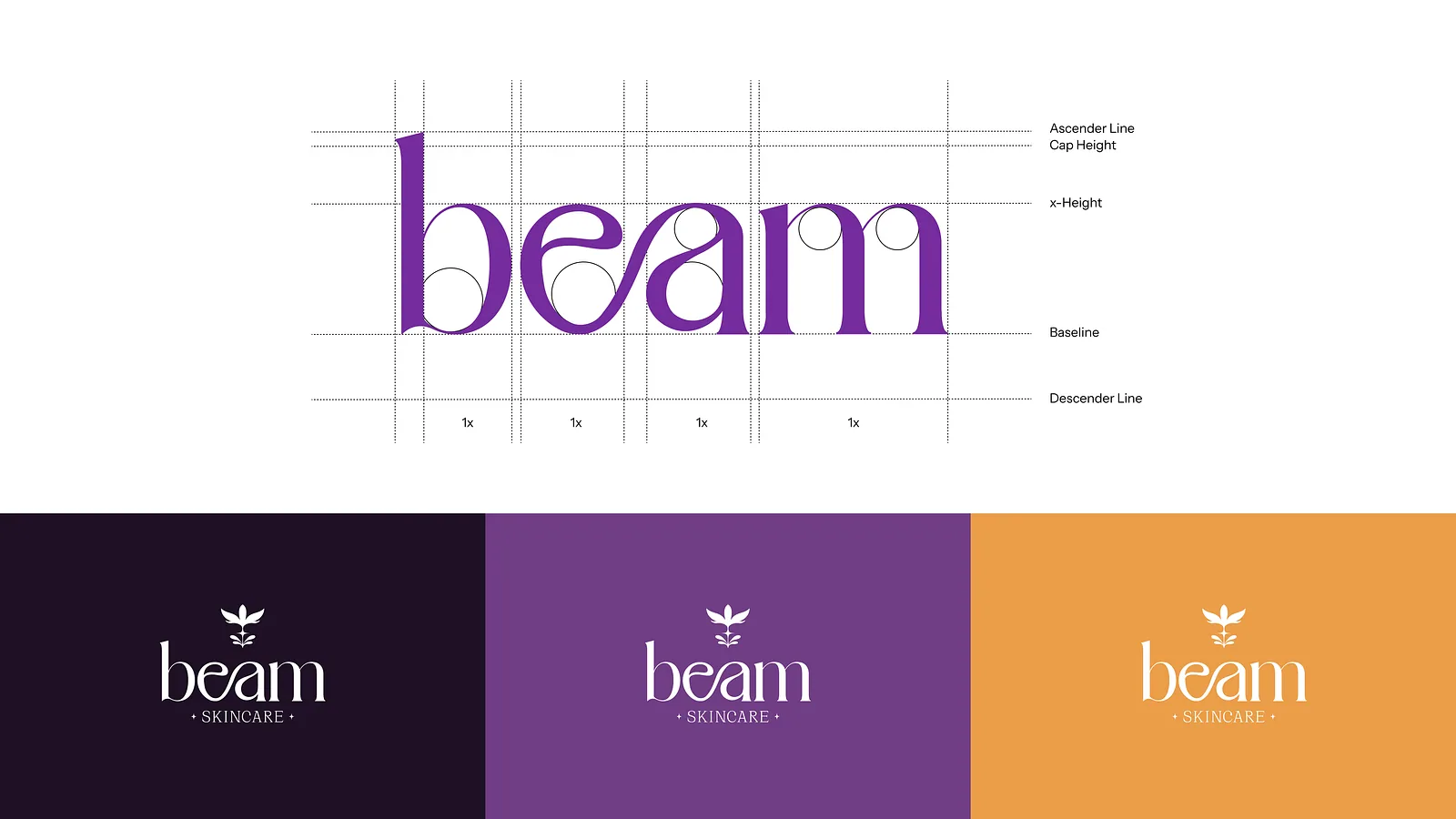 Beam wordmark on a construction grid above three colourway lockups