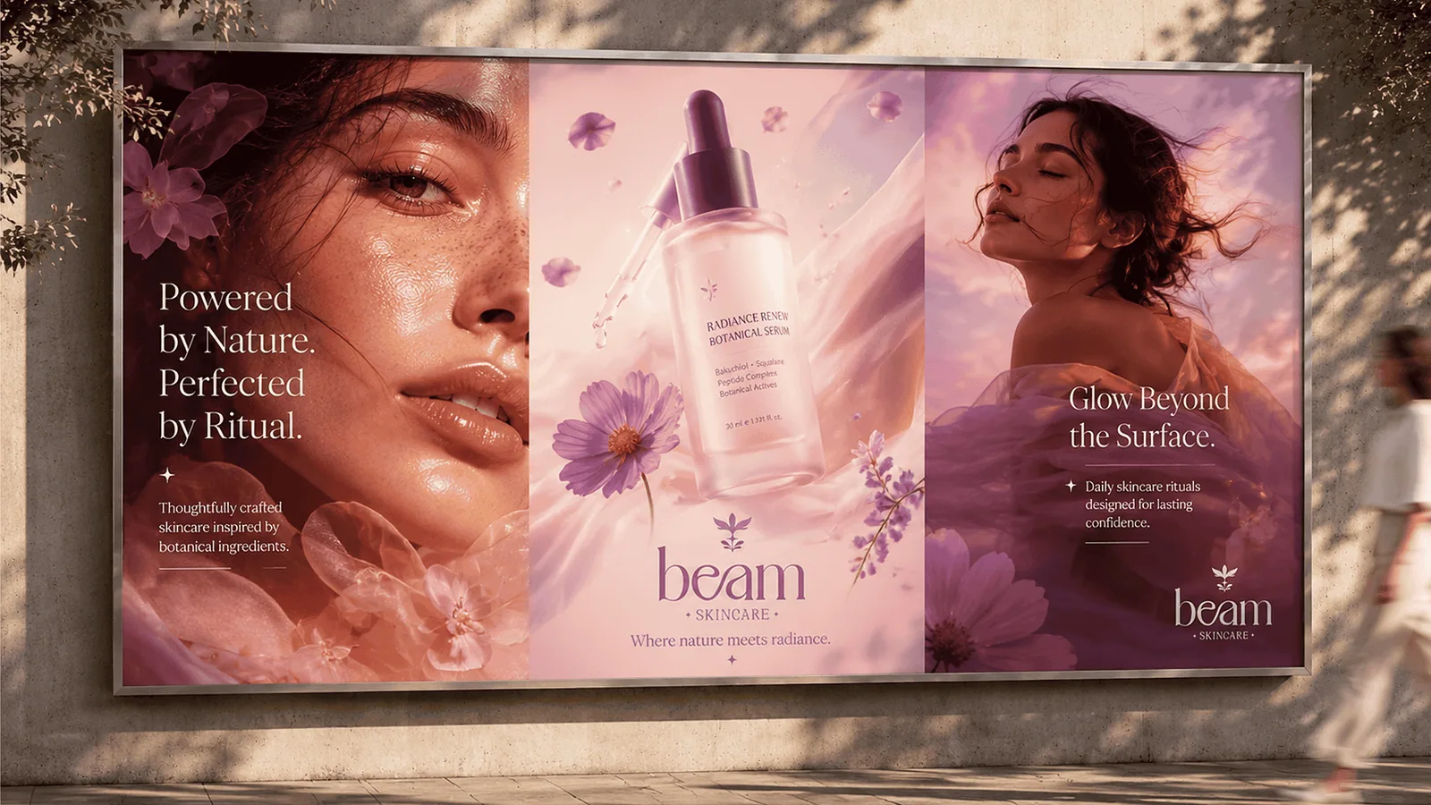 Outdoor billboard triptych with a model, a serum bottle and headlines