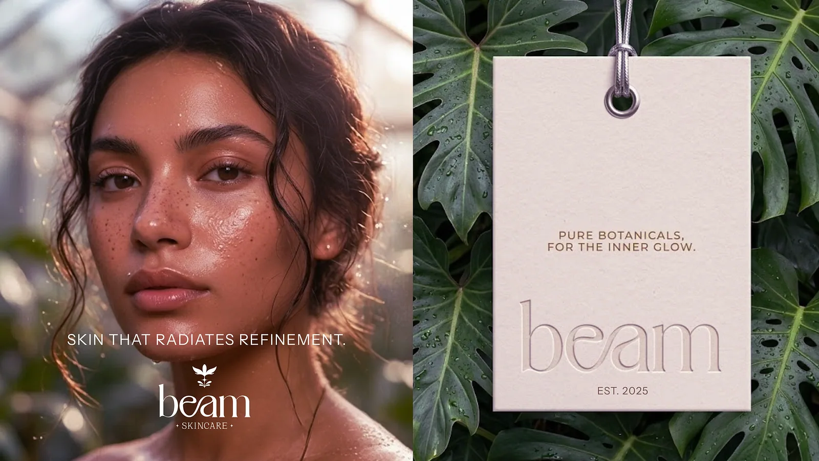 Model portrait beside a cardboard hang tag stamped with the Beam logo