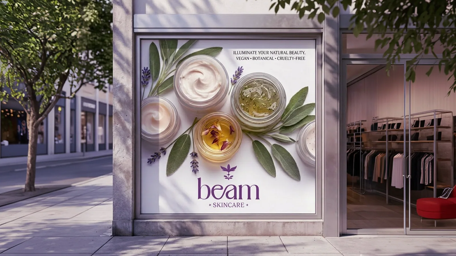 Street lightbox poster of cream jars framed by botanical ingredients
