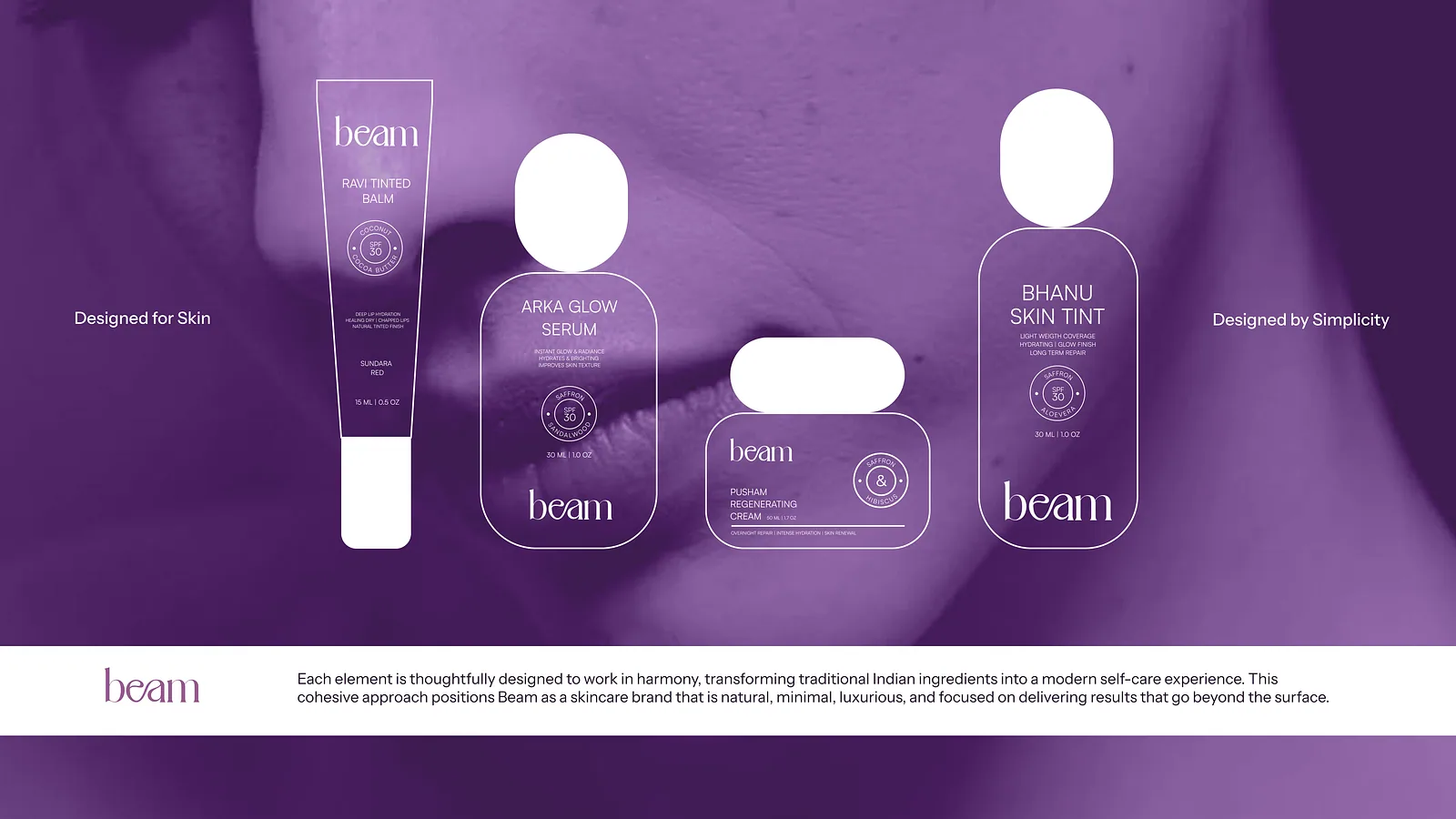 Purple spread of outlined product silhouettes labelled designed for skin