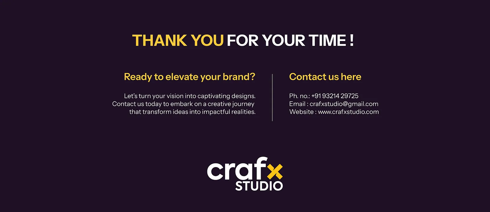 Closing slide with Crafx Studio contact details on navy