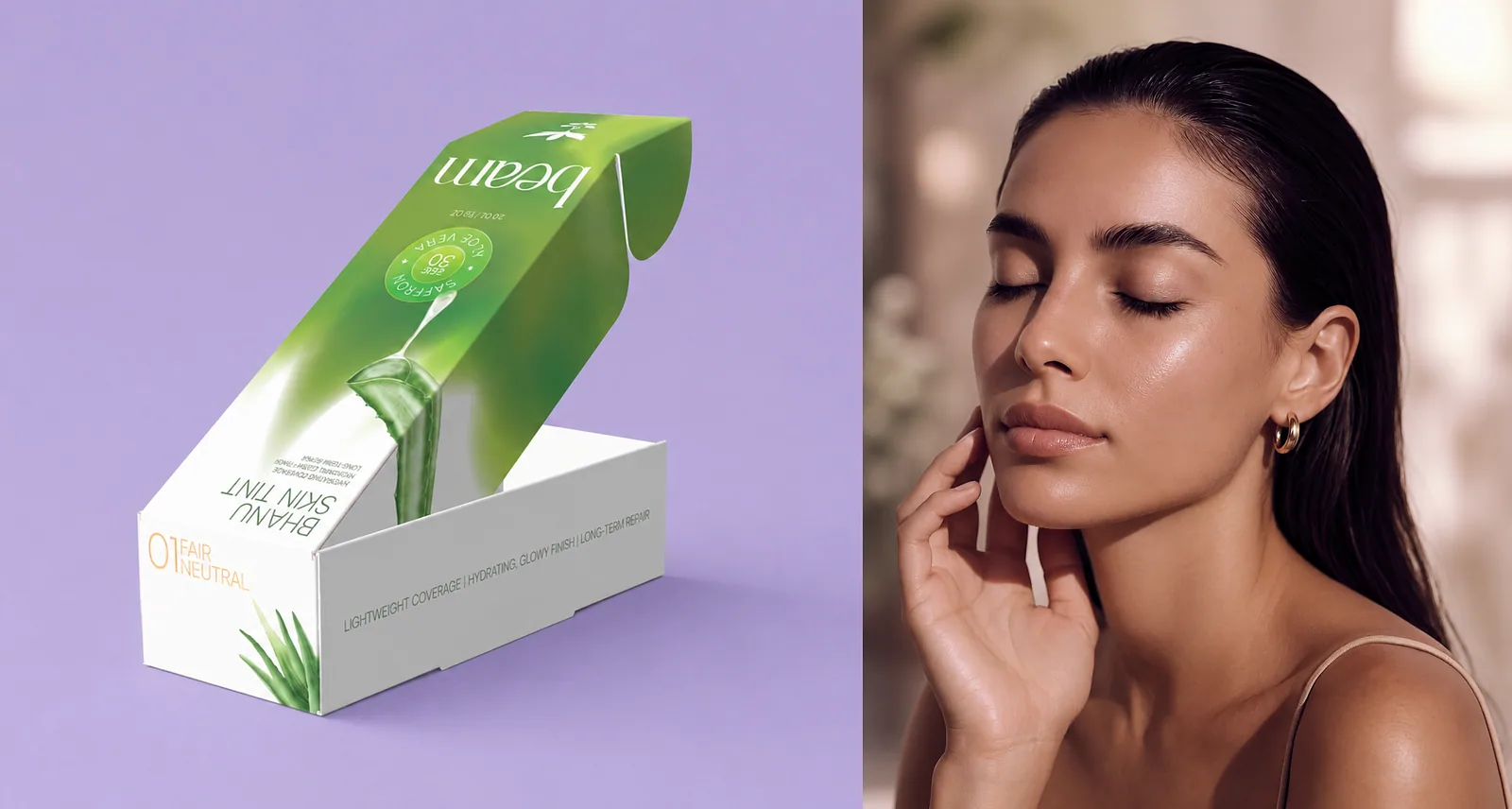 Green serum carton opening beside a portrait of a model