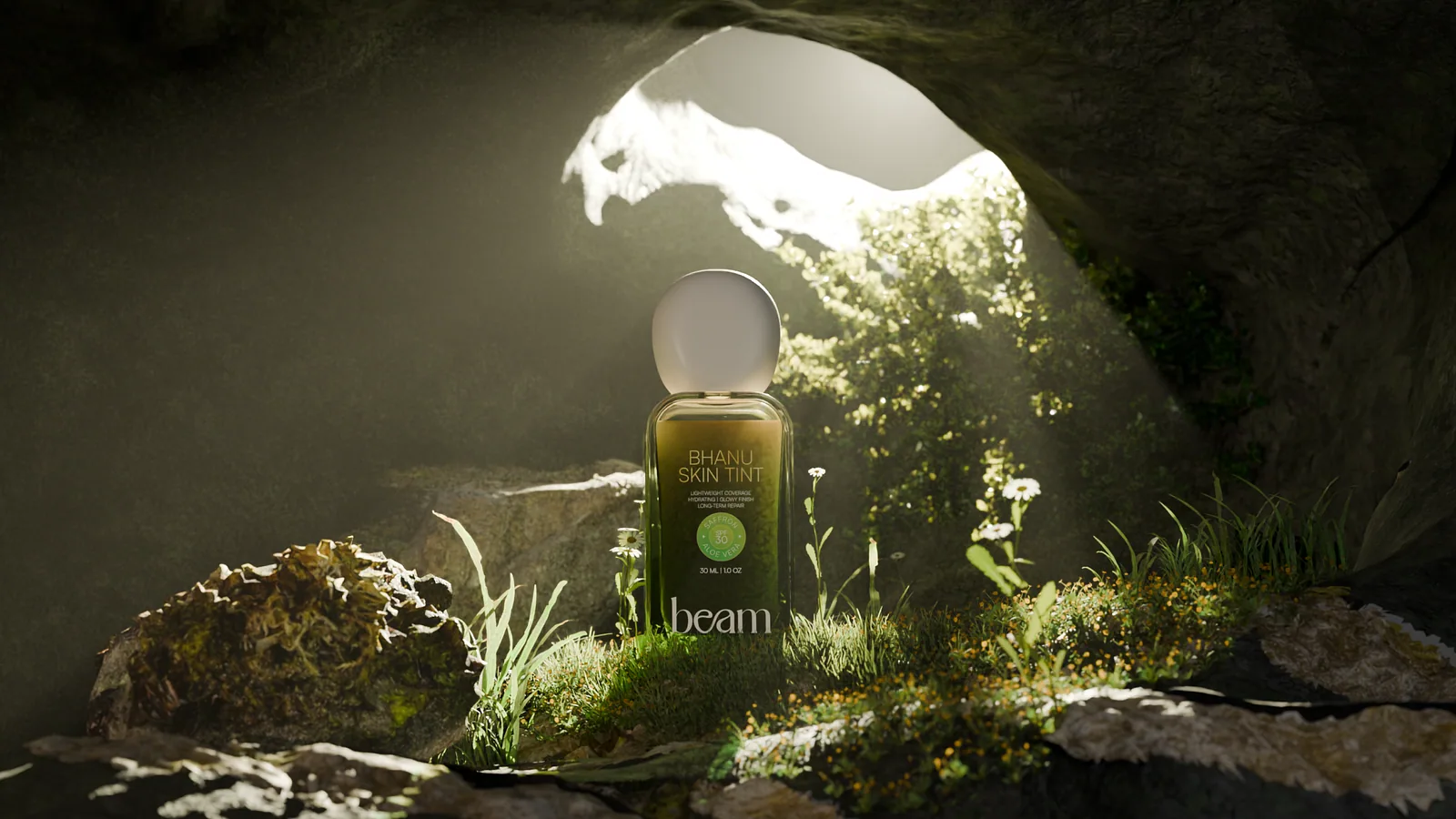 Serum bottle glowing in the mouth of a dark mossy cave