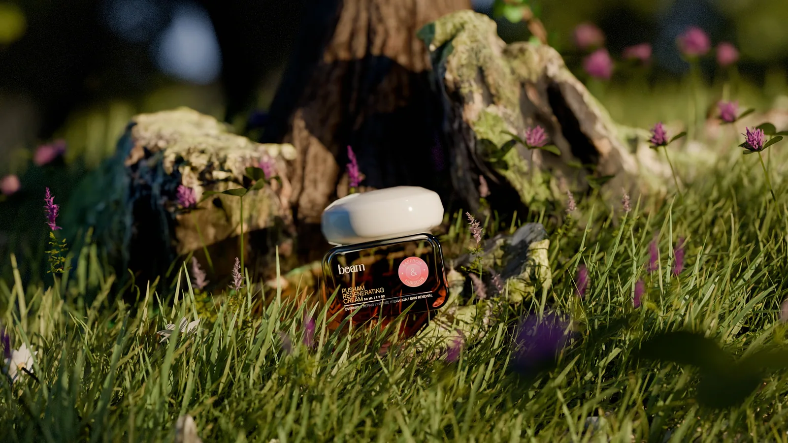Amber jar with a white dome lid on a flowering mossy log
