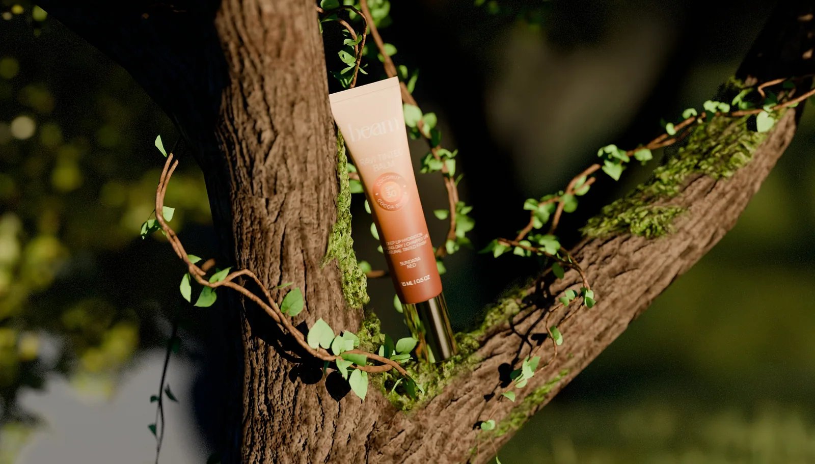 Peach cream tube cradled in tree branches among green leaves