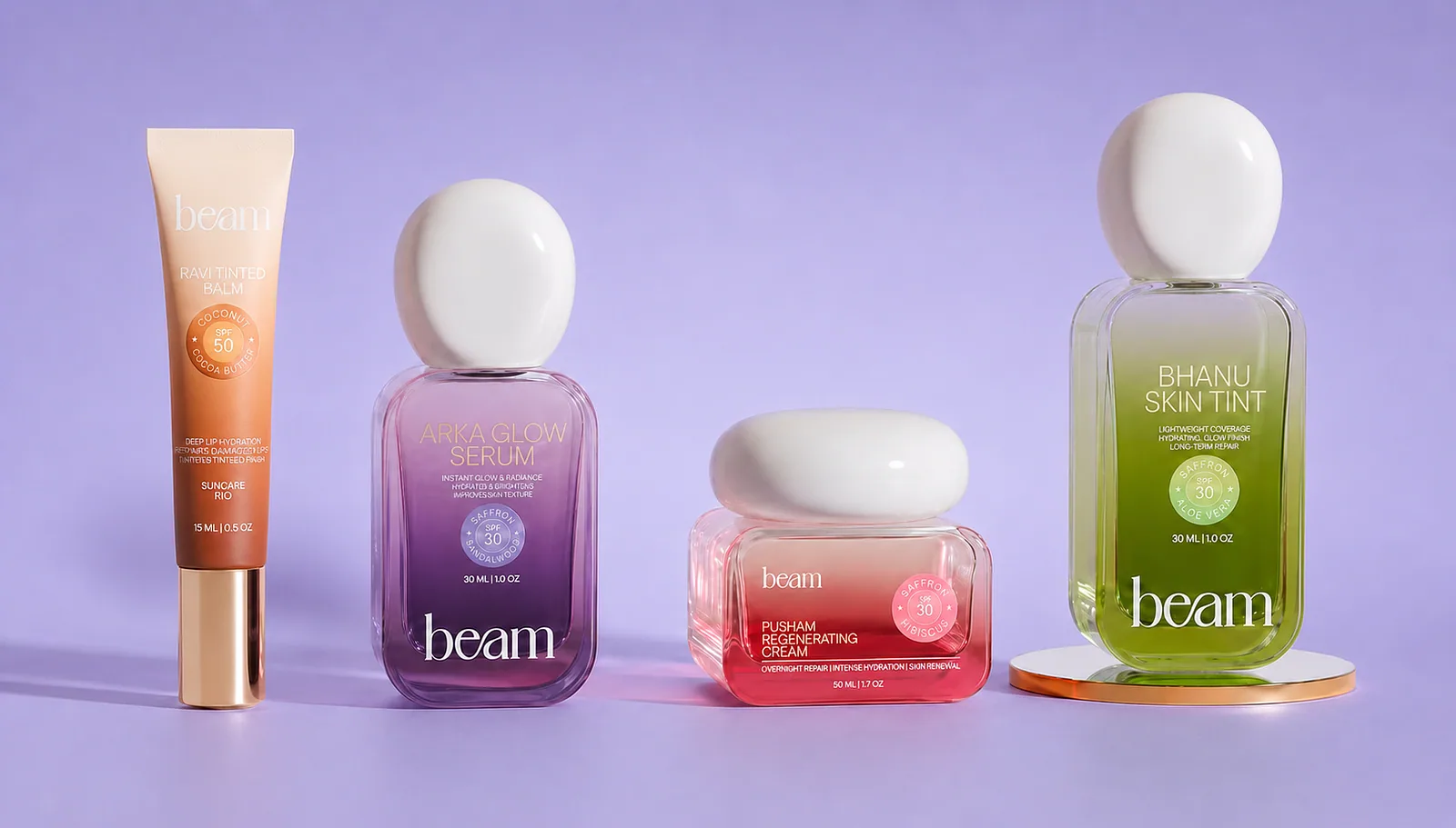 Four Beam bottles and a jar lined up on lilac