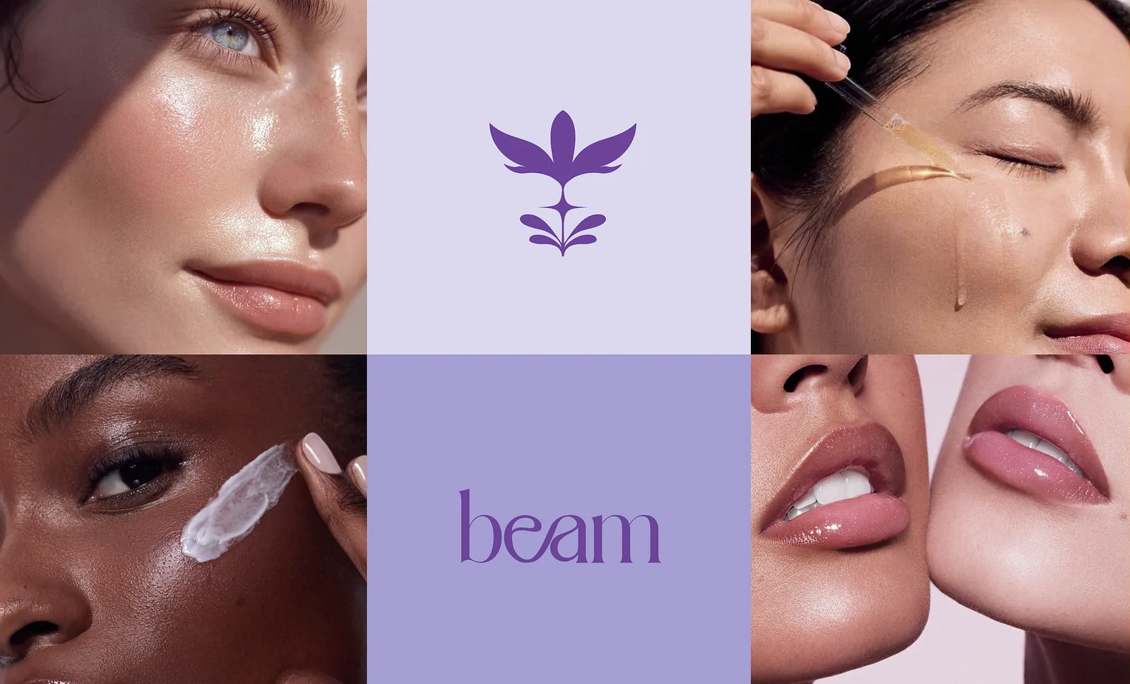 Grid of glowing skin close-ups with lilac panels and the wordmark