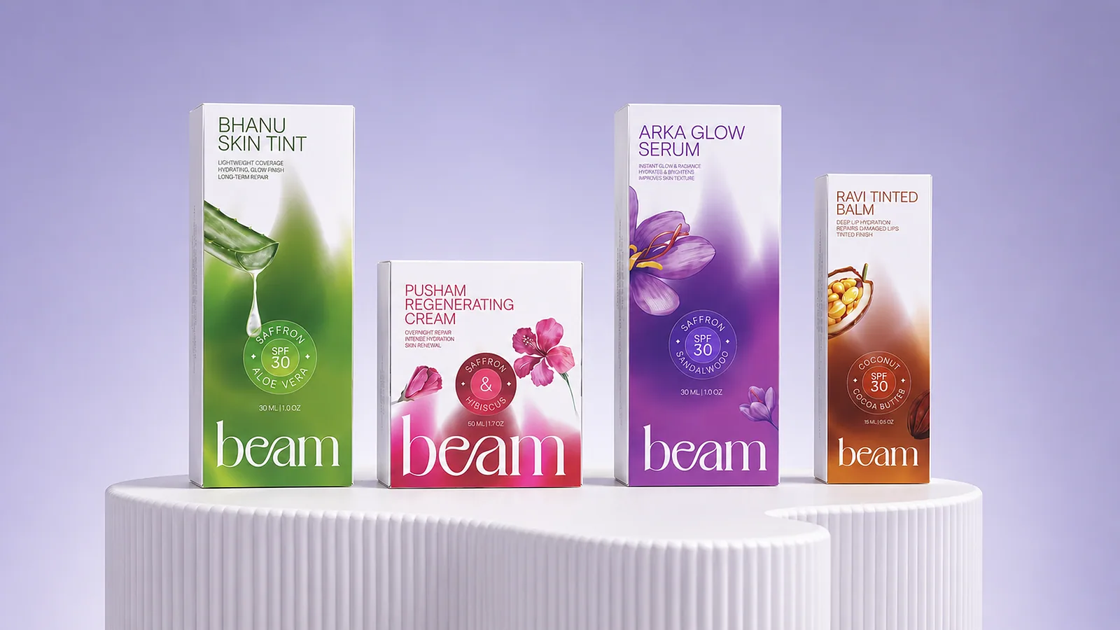 Four boxed Beam products displayed on white podium steps