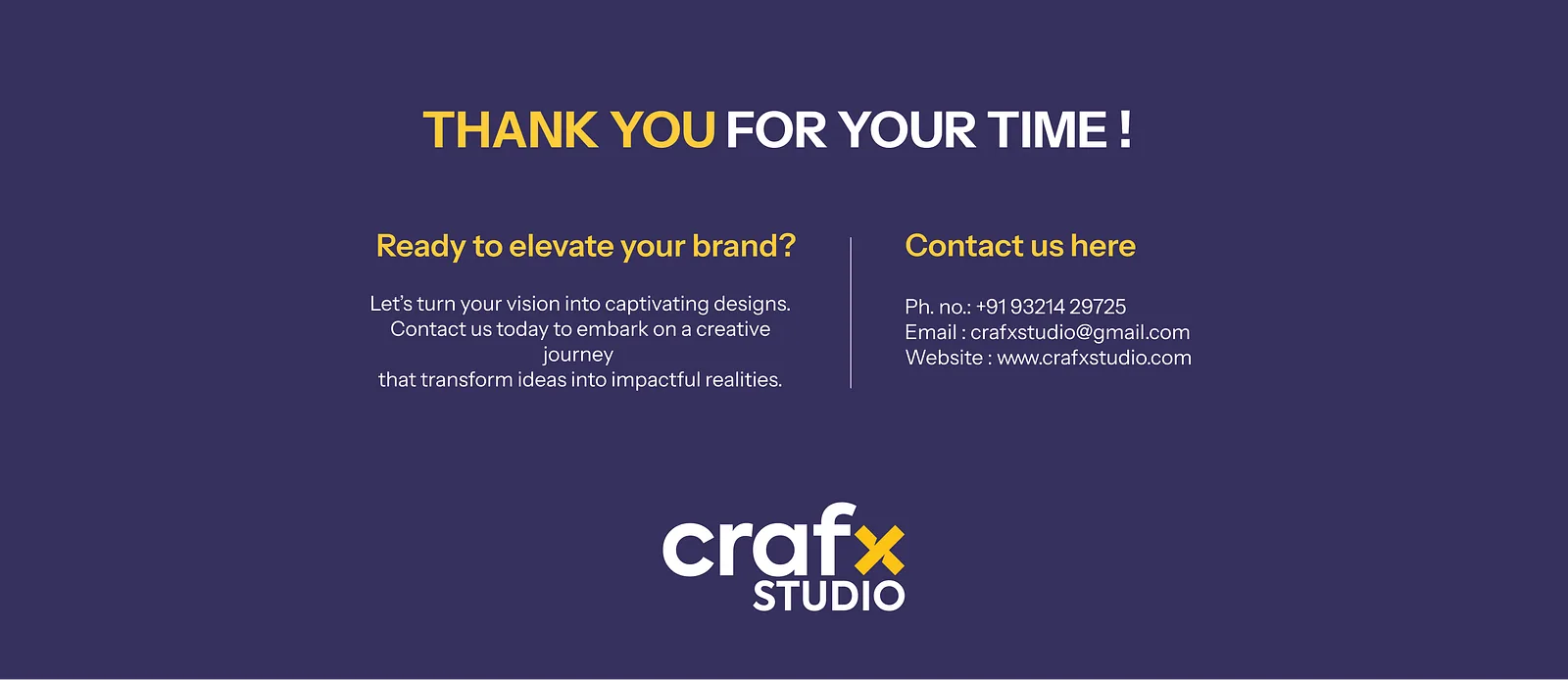 Closing slide with Crafx Studio contact details on navy
