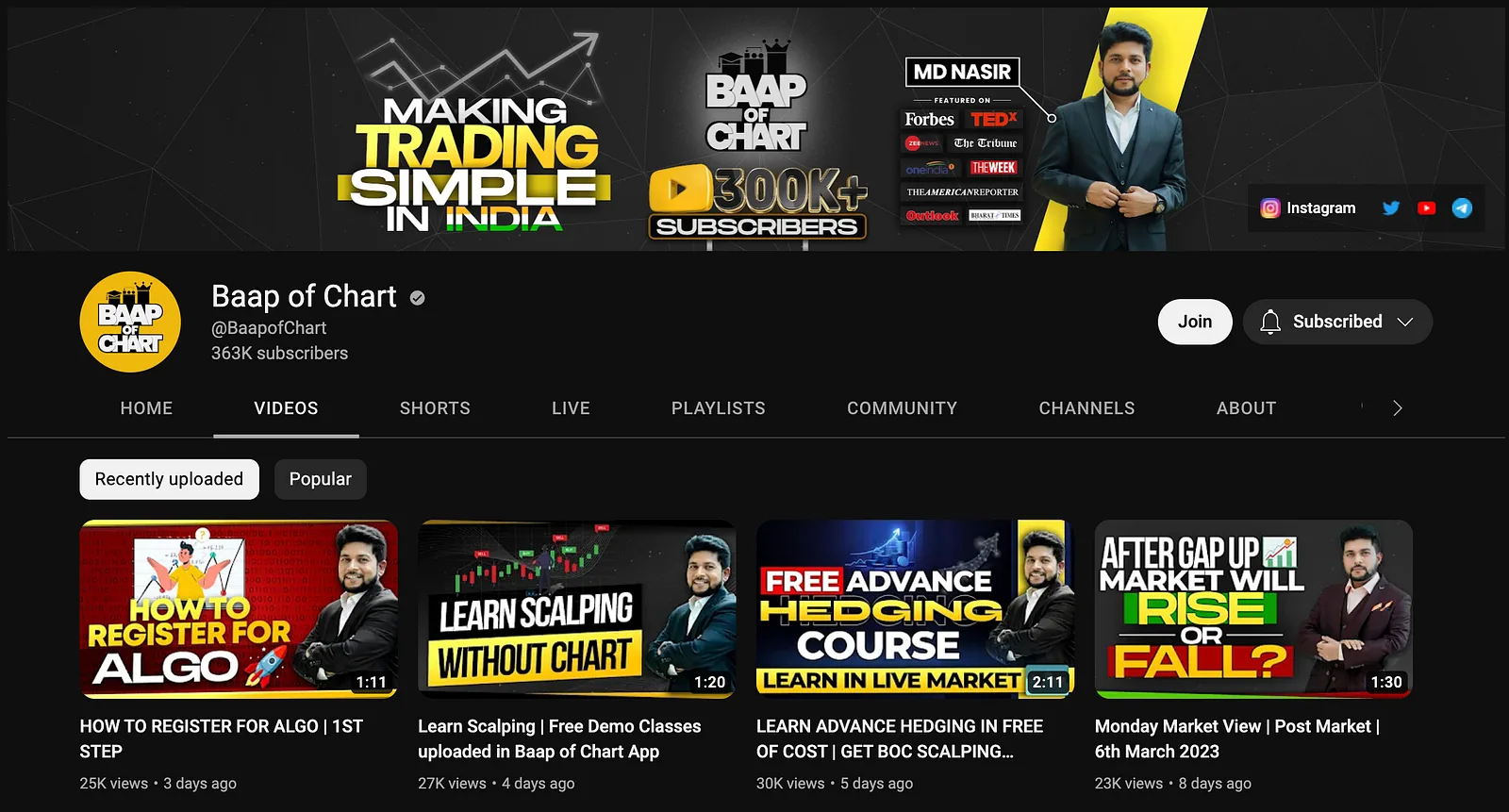 YouTube channel page mockup showing banner, avatar and video thumbnails
