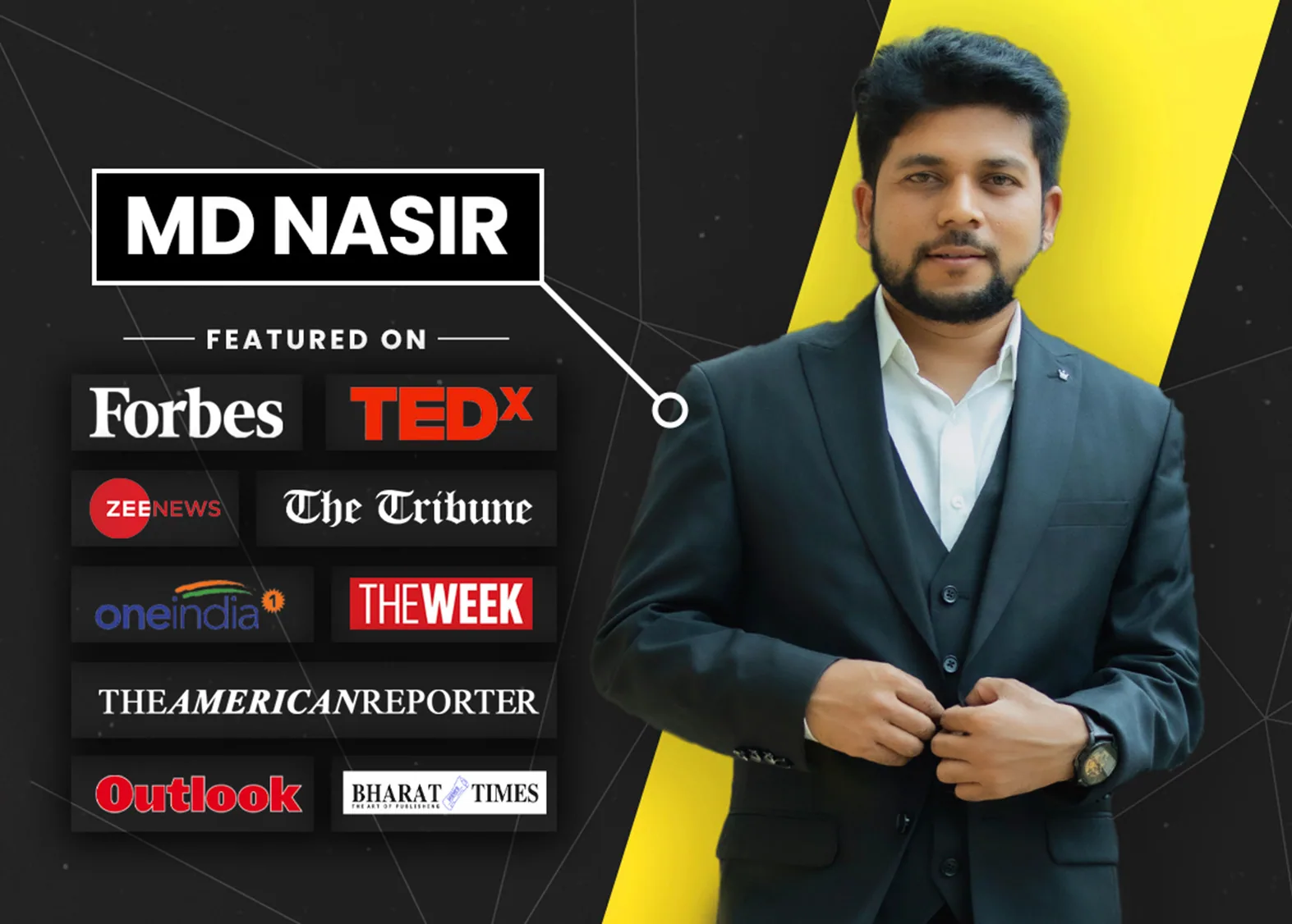 Trader in a suit beside a row of press and media logos