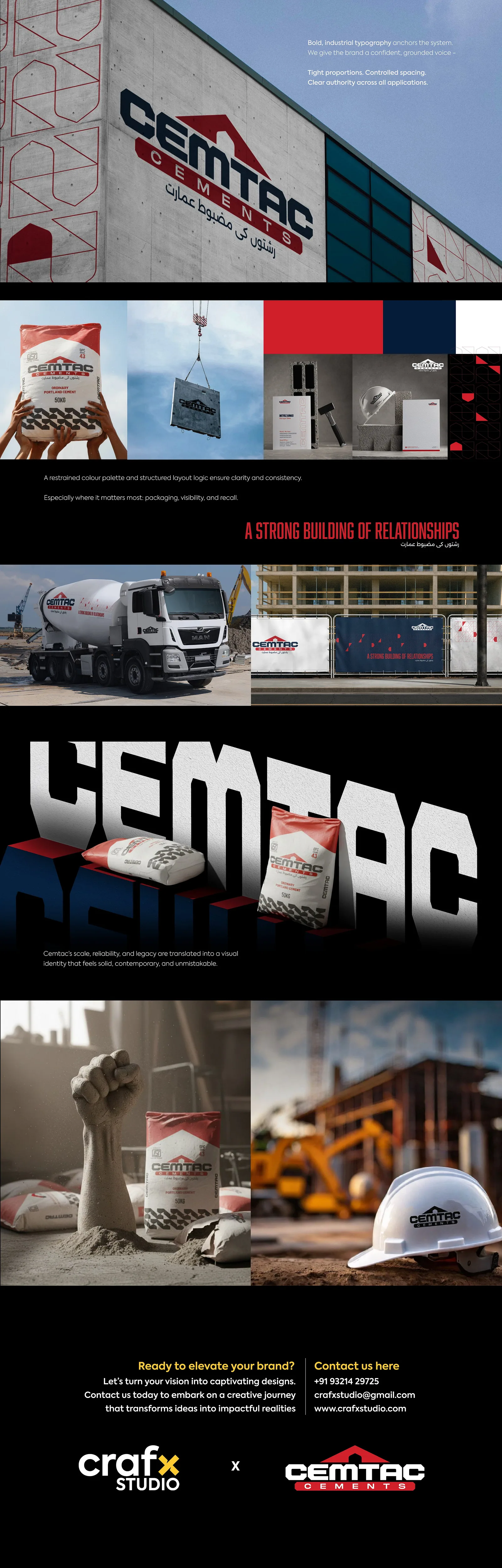 Tall case study strip of Cemtac signage, a mixer truck and site photography