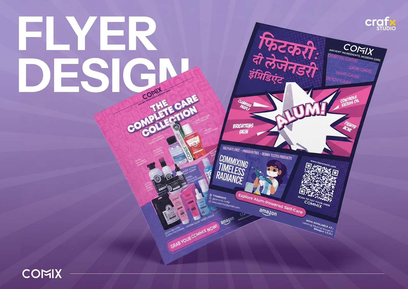 Purple opening slide with Flyer Design type over two product flyers