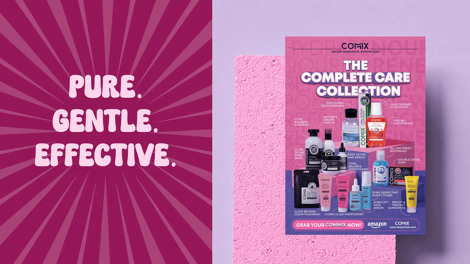 Pure Gentle Effective type panel beside the Complete Care Collection flyer