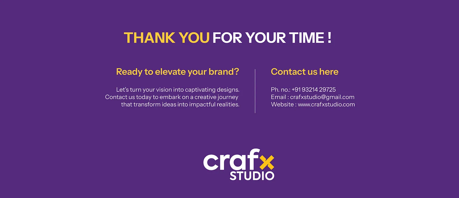 Closing slide with Crafx Studio contact details on purple