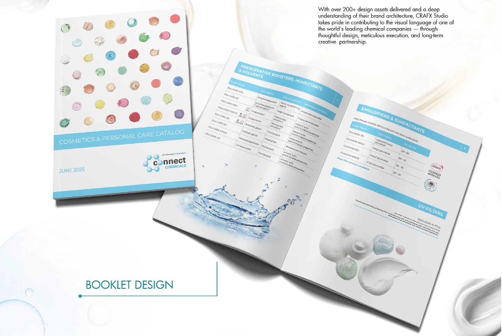 Open booklet mockup with water droplet imagery and a pigment swatch cover