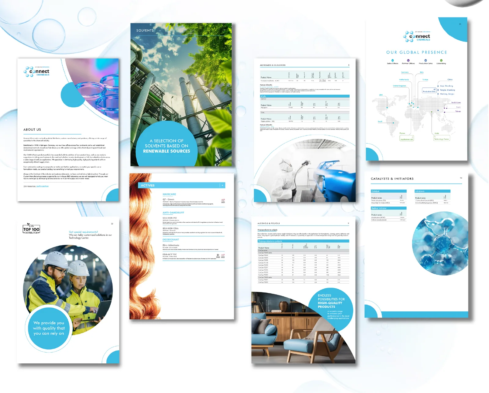 Grid of blue brochure pages with charts, a world map and industry photography