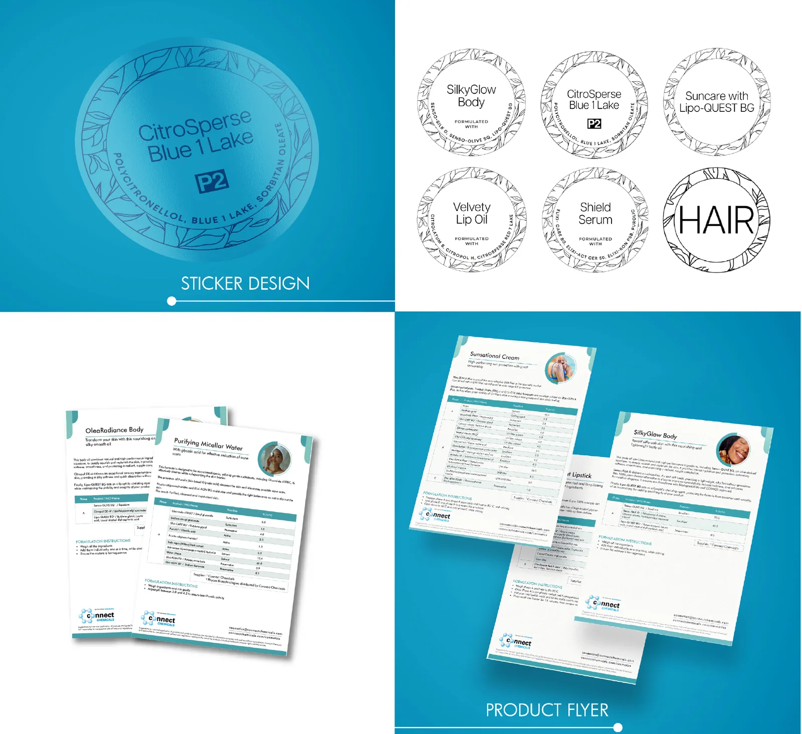 Circular product stickers and blue product flyer sheets laid out together