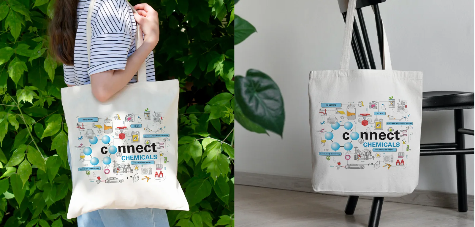 Two canvas tote bags printed with the Connect Chemicals logo