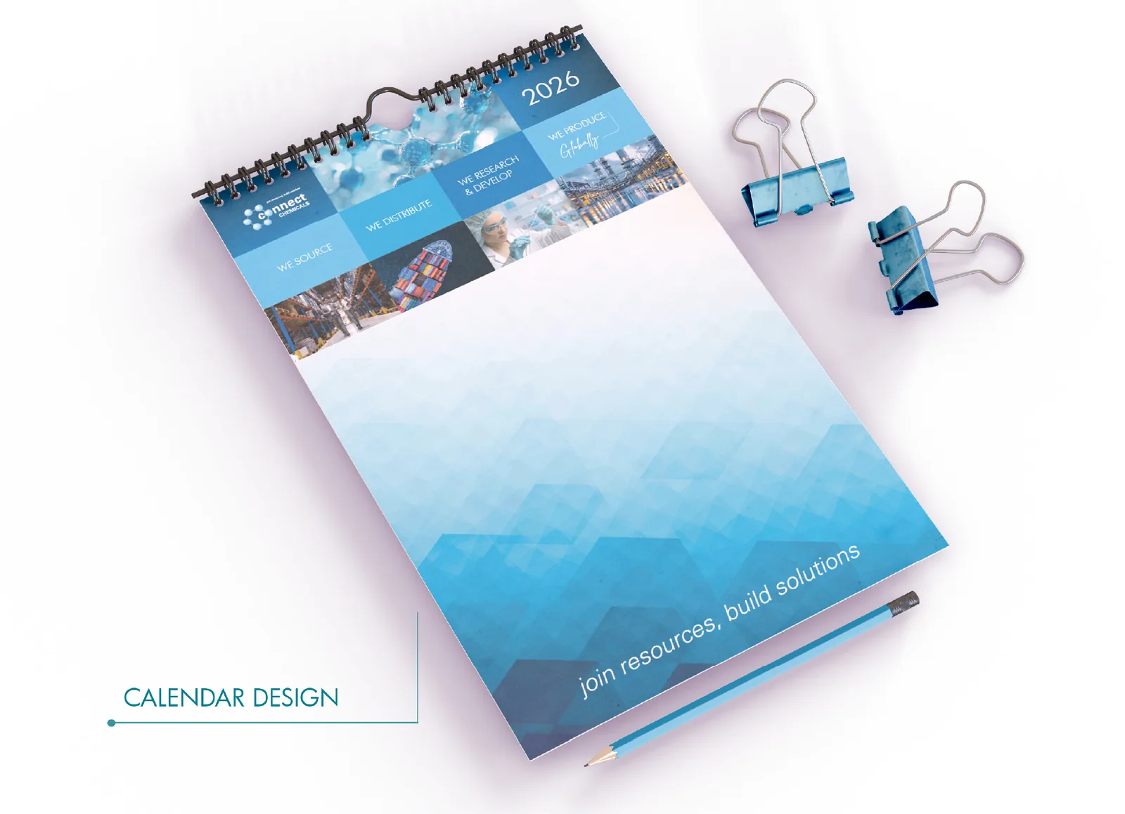 Spiral bound desk calendar mockup in a blue geometric gradient