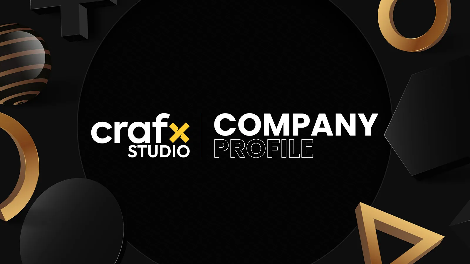 Black title slide reading Crafx Studio Company Profile with 3D shapes