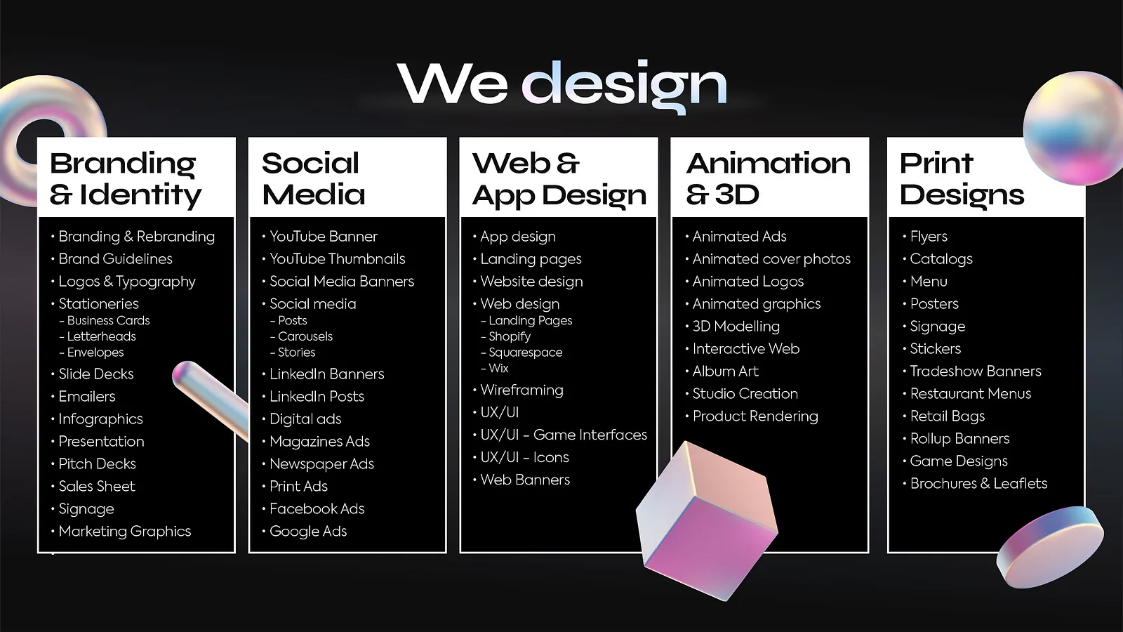 Services slide listing branding, social, web, animation and print