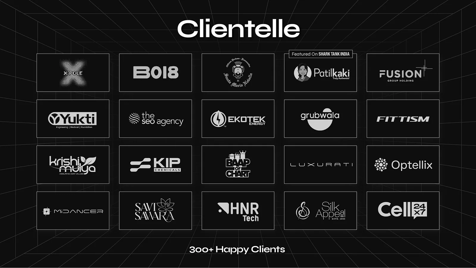 Clientele slide with a grid of client logos on black
