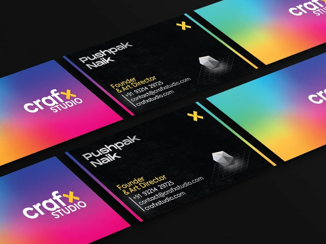 Gradient Crafx business cards with founder contact details on black