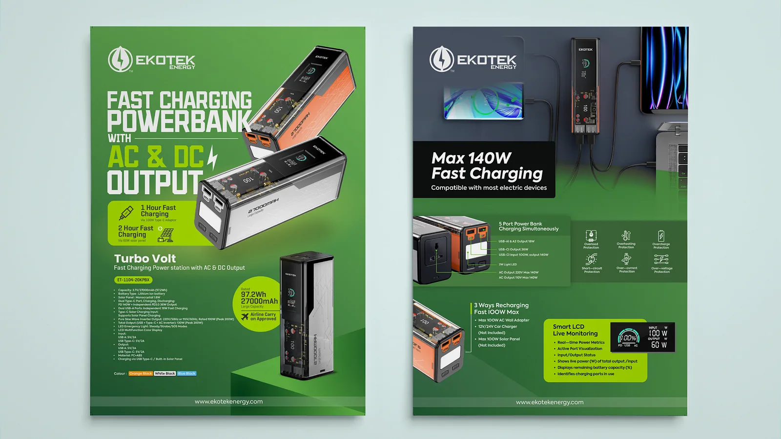 Two EKOTEK powerbank flyers in green and black fast-charging layouts