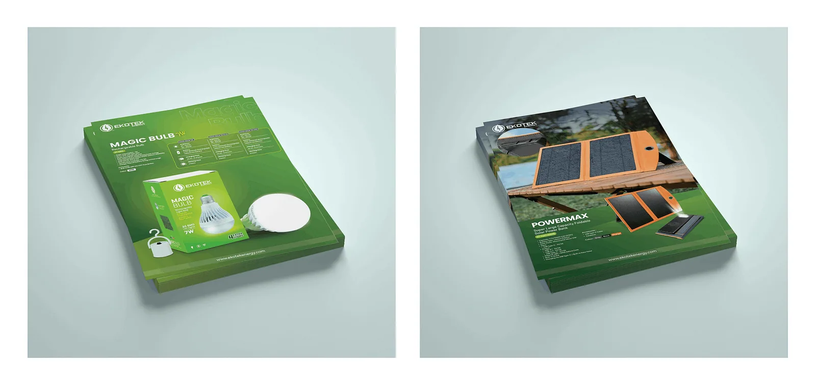 Green flyer mockups for the Magic Bulb and Powermax solar panel