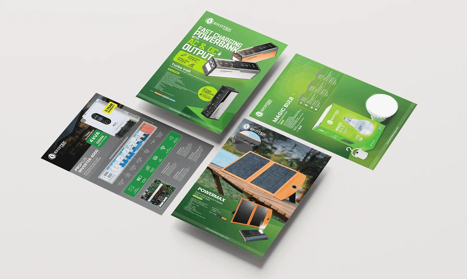 Four EKOTEK product flyers fanned across a grey surface