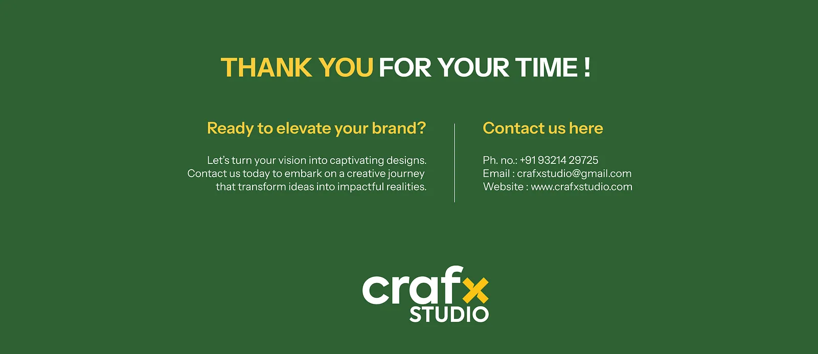 Closing slide with Crafx Studio contact details on dark green